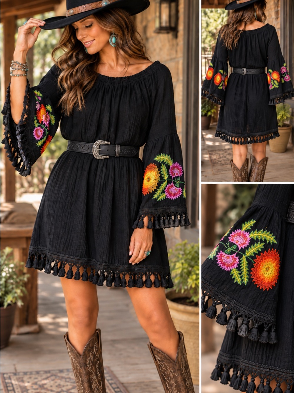VELZERA Black Embroidered Floral Bell Sleeve Tassel Boho Mini Dress M